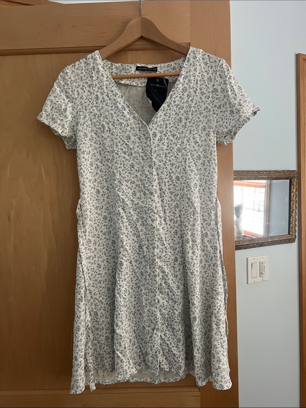 Brandy Melville Cream Mini Dress with Light Blue Floral Print